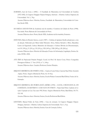 131
ALMEIDA, Luís da Costa e (1892) – A Faculdade de Matemática da Universidade de Coimbra
(1872-1892). In Congresso Pedagógico Hispano-Portuguez-Americano – Memórias. Lisboa: Imprensa da
Universidade. Vol. 1, 78 p.
Assunto/Palavras-chave: História; Ensino; Faculdade de Matemática; Universidade de Coim-
bra; Século XIX.
ALVARÁS E ESTATUTOS da Academia real da marinha e Comércio da Cidade do Porto (1998).
Fac-simile. Porto: Reitoria da Universidade do Porto.
Assunto/Palavras-chave: Porto; Século XIX; Academia real da marinha; Estatutos.
ANTUNES, Maria do Rosário Santos, coord. (1987) – Coletânea de legislação; Recolha efetuada para a área
da educação. Elaborado por Maria Isabel Monteiro Alves, Helena Salvador e Brito, Mauridina
Castro de Figueiredo. Lisboa: Ministério da Educação e Cultura: Divisão de Documentação,
vol. IV (199 p.), V (251 p.), VI (103 p.), VII (149 p.), VIII (249 p.), IX (265 p.).
Assunto/Palavras-chave: História da Educação; Fontes de Informação; Legislação; Ensino; Sé-
culos XVIII e XIX.
ANUÁRIO do Professorado Primário Português. Coord. do Prof. M. Santos Costa. Porto: Companhia
Portuguesa Editora. 1.º Ano (1915), n.º 1, 144 p.
Assunto/Palavras-chave: Anuário; Professor; Ensino Primário.
ARQUIVO DISTRITAL DO PORTO (1922) – Fundo da Escola Prática Comercial Raul Dória: Inventário
Arqbase. Porto: Arquivo Distrital do Porto. 8r.-10-18 p.
Assunto/Palavras-chave: História; Ensino; Escola Prática Comercial Raúl Dória; Fontes de In-
formação.
ARQUIVO DISTRITAL DO PORTO; RAÚL DÓRIA (1992) – ESCOLA PROFISSIONAL DO
COMÉRCIO, ESCRITÓRIOS E SERVIÇOS DO PORTO – Projeto Raúl Dória: Confronto de Ge-
rações: Exposição na Casa Tait, maio 1992. Porto: Arquivo Distrital do Porto, Raúl Dória. 50-17f.-
15f.-14f.
Assunto/Palavras-chave: História; Ensino; Escola Profissional Raúl Dória.
AZEVEDO, Manuel Pedro de Faria (1892) – Casa de correção. In Congresso Pedagógico Hispano-
Portuguez-Americano – Memórias. Lisboa: Imprensa da Universidade. Vol. 1, 15 p.
Assunto/Palavras-chave: História; Ensino; Casa de Correção; Lisboa.
 