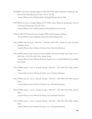 140
REFORMAS do Ensino em Portugal. Reforma de 1890-1899 (1992). Lisboa: Ministério da Educação. Ins-
tituto de Inovação Educacional. Tomo I, Vol. I- Vol. III.
Assunto/Palavras-chave: História; Ensino; Portugal; Reformas; Século XIX.
REFORMAS do Ensino em Portugal. Reforma de 1911 (1989). Lisboa: Ministério da Educação. Instituto
de Inovação Educacional. Tomo II. Vol. I.
Assunto/Palavras-chave: História; Ensino; Portugal; Reformas; Século XX.
REGULAMENTO Geral da Instrucção Secundária (1895). Lisboa: Imprensa Moderna.
Assunto/Palavras-chave: Legislação; Ensino Secundário; Regulamento.
RELATÓRIO annual do Liceu... 1934-1935 – 1935-1936 (1935-1936). Anuário do Liceu Alexandre
Herculano. Porto.
Assunto/Palavras-chave: História do Ensino; Liceu Alexandre Herculano.
RELATÓRIO anual da Seção do Liceu de Carolina Michaëlis, atual Liceu da Rainha Santa Isabel, ano de ...
1945-1946 – 1953-1954 (1946-1954). Anuário. Porto.
Assunto/Palavras-chave: História do Ensino; Seção do Liceu Carolina Michäelis; Liceu Rainha
Santa Isabel.
RELATÓRIO anual de... Liceu de Alexandre Herculano. 1936-1937 – 1937-1938 (1937-1938). Anuário.
Porto.
Assunto/Palavras-chave: História do Ensino; Liceu Alexandre Herculano.
RELATÓRIO anual de... Liceu de Alexandre Herculano. 1938-1939 – 1939-1940 (1939-1940). Anuário.
Porto.
Assunto/Palavras-chave: História do Ensino; Liceu Alexandre Herculano.
RELATÓRIO anual de... Liceu de Alexandre Herculano. 1940-1941 – 1941-1942 (1941-1942). Anuário.
Porto.
Assunto/Palavras-chave: História do Ensino; Liceu Alexandre Herculano.
RELATÓRIO anual de... Liceu de Alexandre Herculano. 1942-1943 – 1948-1949 (1943-1949). Anuário.
Porto.
Assunto/Palavras-chave: História do Ensino; Liceu Alexandre Herculano.
 