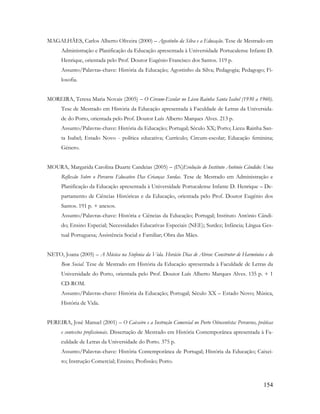 154
MAGALHÃES, Carlos Alberto Oliveira (2000) – Agostinho da Silva e a Educação. Tese de Mestrado em
Administração e Planificação da Educação apresentada à Universidade Portucalense Infante D.
Henrique, orientada pelo Prof. Doutor Eugénio Francisco dos Santos. 119 p.
Assunto/Palavras-chave: História da Educação; Agostinho da Silva; Pedagogia; Pedagogo; Fi-
losofia.
MOREIRA, Teresa Maria Novais (2005) – O Circum-Escolar no Liceu Rainha Santa Isabel (1930 a 1960).
Tese de Mestrado em História da Educação apresentada à Faculdade de Letras da Universida-
de do Porto, orientada pelo Prof. Doutor Luís Alberto Marques Alves. 213 p.
Assunto/Palavras-chave: História da Educação; Portugal; Século XX; Porto; Liceu Rainha San-
ta Isabel; Estado Novo - política educativa; Currículo; Circum-escolar; Educação feminina;
Género.
MOURA, Margarida Carolina Duarte Candeias (2005) – (IN)Evolução do Instituto António Cândido: Uma
Reflexão Sobre o Percurso Educativo Das Crianças Surdas. Tese de Mestrado em Administração e
Planificação da Educação apresentada à Universidade Portucalense Infante D. Henrique – De-
partamento de Ciências Históricas e da Educação, orientada pelo Prof. Doutor Eugénio dos
Santos. 191 p. + anexos.
Assunto/Palavras-chave: História e Ciências da Educação; Portugal; Instituto António Cândi-
do; Ensino Especial; Necessidades Educativas Especiais (NEE); Surdez; Infância; Língua Ges-
tual Portuguesa; Assistência Social e Familiar; Obra das Mães.
NETO, Joana (2005) – A Música na Sinfonia da Vida. Horácio Dias de Abreu: Construtor de Harmónios e do
Bem Social. Tese de Mestrado em História da Educação apresentada à Faculdade de Letras da
Universidade do Porto, orientada pelo Prof. Doutor Luís Alberto Marques Alves. 135 p. + 1
CD-ROM.
Assunto/Palavras-chave: História da Educação; Portugal; Século XX – Estado Novo; Música,
História de Vida.
PEREIRA, José Manuel (2001) – O Caixeiro e a Instrução Comercial no Porto Oitocentista: Percursos, práticas
e contextos profissionais. Dissertação de Mestrado em História Contemporânea apresentada à Fa-
culdade de Letras da Universidade do Porto. 375 p.
Assunto/Palavras-chave: História Contemporânea de Portugal; História da Educação; Caixei-
ro; Instrução Comercial; Ensino; Profissão; Porto.
 