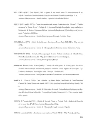 166
CID FERNÁNDEZ, Xosé Manuel (1989) – Apuntes da nosa historia escolar. No oitenta aniversario da cre-
ación da Escola Laica Neutral. Ourense: Concello de Ourense/Nova Escola Galega. 61 p.
Assunto/Palavras-chave: História; Ensino; Espanha; Escola Laica Neutral
COELHO, F. Adolfo (1973) – Para a história da instrução popular. Seguido dos artigos “Portugal”, “Colónias
portuguesas” e “Ensino do grego”. Prefácio de L. Saavedra Machado. Introdução, notas, traduções e
bibliografia de Rogério Fernandes. Lisboa: Instituto Gulbenkian de Ciência: Centro de Investi-
gação Pedagógica. 240-IV p.
Assunto/Palavras-chave: História; Ensino popular; Portugal; Colónias; Grego
COMBES, Jean (1997) – Histoire de l'école primaire élémentaire en France. Paris: PUF. 128 p. (Que sais-je?;
3192).
Assunto/Palavras-chave: História da Educação; Escola Primária; Ensino Elementar; França
CONDORCET (1943) – Instrução pública e organização do ensino. Prefácio e tradução de Eduardo Cruz.
Porto: Educação Nacional. XI-108 p. (Obras Primas de Todos os Tempos).
Assunto/Palavras-chave: História; Ensino público; França
CORREIA, António Carlos da Luz (2000) – Canteiro de Virtudes, fábrica de cidadãos, oficina das almas e
cidadania virtual: a educação cívica na escola portuguesa. Santarém: Escola Superior de Educação. 37 p.
(Cadernos do Projeto Museológico sobre Educação e Infância; 63).
Assunto/Palavras-chave: Educação; Educação Cívica; Currículo; Novas áreas curriculares
COSTA, A. L. Pinto da (2005) – Entre a Sociedade e os Alunos: Análise Etno-Histórica da Escola Industrial e
Comercial de Emídio Navarro, em Almada (1955-1974). Almada: Câmara Municipal de Almada. 380
p.
Assunto/Palavras-chave: História da Educação - Portugal; Ensino Industrial e Comercial; En-
sino Técnico; Escola Industrial e Comercial de Emídio Navarro (1955-1974); Almada; Socie-
dade; Alunos
COSTA, D. António da (1900) – História da Instrução Popular em Portugal. Desde a fundação da Monarchia
até aos nossos dias. 2.ª ed. Porto: António Figueirinhas. 336 p.
Assunto/Palavras-chave: História da Educação; Portugal; Instrução Popular
COSTA, Laurindo (1925) – A evolução do ensino profissional (Séculos XVIII a XX). Porto: [s.n.]. 31 p.
 