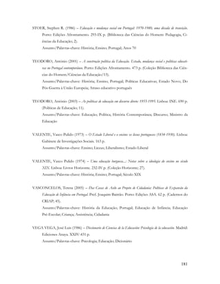 181
STOER, Stephen R. (1986) – Educação e mudança social em Portugal: 1970-1980, uma década de transição.
Porto: Edições Afrontamento. 293-IX p. (Biblioteca das Ciências do Homem: Pedagogia, Ci-
ências da Educação; 2).
Assunto/Palavras-chave: História; Ensino; Portugal; Anos 70
TEODORO, António (2001) – A construção política da Educação. Estado, mudança social e políticas educati-
vas no Portugal contemporâneo. Porto: Edições Afrontamento. 473 p. (Coleção Biblioteca das Ciên-
cias do Homem/Ciências da Educação/13).
Assunto/Palavras-chave: História; Ensino; Portugal; Políticas Educativas; Estado Novo; Do
Pós-Guerra à União Europeia; Atraso educativo português
TEODORO, António (2003) – As políticas de educação em discurso direto: 1955-1995. Lisboa: INE. 690 p.
(Políticas de Educação; 11).
Assunto/Palavras-chave: Educação; Política; História Contemporânea; Discurso; Ministro da
Educação
VALENTE, Vasco Pulido (1973) – O Estado Liberal e o ensino: os liceus portugueses (1834-1930). Lisboa:
Gabinete de Investigações Sociais. 163 p.
Assunto/Palavras-chave: Ensino; Liceus; Liberalismo; Estado Liberal
VALENTE, Vasco Pulido (1974) – Uma educação burguesa...: Notas sobre a ideologia do ensino no século
XIX. Lisboa: Livros Horizonte. 232-IV p. (Coleção Horizonte; 27).
Assunto/Palavras-chave: História; Ensino; Portugal; Século XIX
VASCONCELOS, Teresa (2005) – Das Casas de Asilo ao Projeto de Cidadania: Políticas de Expansão da
Educação de Infância em Portugal. Pref. Joaquim Bairrão. Porto: Edições ASA. 62 p. (Cadernos do
CRIAP; 45).
Assunto/Palavras-chave: História da Educação; Portugal; Educação de Infância; Educação
Pré-Escolar; Criança; Assistência; Cidadania
VEGA VEGA, José Luis (1986) – Diccionario de Ciencias de la Educación: Psicología de la educación. Madrid:
Ediciones Anaya. XXIV-431 p.
Assunto/Palavras-chave: Psicologia; Educação; Dicionário
 