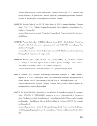 196
Assunto/Palavras-chave: História da Educação; Portugal; Séculos XIX e XX; Manual e livro
escolar; Formação de professores – manual, legislação, representação profissional, currículo,
modelos de aprendizagem, pedagogia e didática; Ensino Primário
CORREIA, António Carlos da Luz; SILVA, Vivian Batista da (2002) – Manuais Pedagógicos – Portugal e
Brasil – 1930 a 1971 – Produção e Circulação Internacional de Saberes Pedagógicos. Lisboa: Educa. 49 p.
(Cadernos Prestige; 13).
Assunto/Palavras-chave: Manual; Pedagogia; Portugal; Brasil; Programa; Currículo; Metodolo-
gia; Didática
CORREIA, António Carlos Luz; GALLEGO, Rita de Cassia (2004) – Escolas Públicas Primárias em
Portugal e em São Paulo: olhares sobre a organização do tempo escolar (1880-1920). Lisboa: Educa. 47 p.
(Cadernos Prestige; 21).
Assunto/Palavras-chave: História da Educação; Séculos XIX-XX; Escolas públicas primárias;
Portugal; Brasil; Organização do tempo escolar
CORREIA, António Carlos Luz; SILVA, Vera Lúcia Gaspar da (2003) – A Lei da Escola: Os Sentidos
da Construção da Escolaridade Popular Através dos Textos Legislativos em Portugal e Santa Catarina –
Brasil (1880-1920). Lisboa: Educa. 42 p. (Cadernos Prestige; 16).
Assunto/Palavras-chave: Escola; Escolaridade; Lei; Legislação; Portugal; Brasil
COSTA, Fernando (2002) – Espanha no ensino pré-universitário português. In TORRE GÓMEZ,
Hipólito de la; TELO, António José, coord. – La mirada del otro. Percepciones luso-españolas desde la
historia. Badajoz: Junta de Extremadura, p. 169-194. (Serie de Estudios Portugueses; 19).
Assunto/Palavras-chave: Portugal; Espanha; Península Ibérica; Relações ibéricas; Ensino Se-
cundário; Ensino Superior; Universidade
COSTA, Rui Afonso da (2006) – Contribuição para a história da inspeção permanente da escola pri-
mária (1878-1933). In PINTASSILGO, Joaquim et al., org. – História da Escola em Portugal e no
Brasil: Circulação e apropriação de modelos culturais. Lisboa: Edições Colibri/ Centro de Investigação
em Educação – Faculdade de Ciências da Universidade de Lisboa, p. 365-398. (Investigação
em Educação; 2).
Assunto/Palavras-chave: História da Educação; Portugal; Brasil; Escola - história; Modelo cul-
tural; Pedagogia; Inspeção; Controlo do ensino; Ensino Primário ou Elementar; Séculos XIX e
XX
 