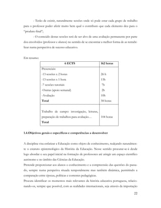 22
- Terão de existir, naturalmente sessões onde só pode estar cada grupo de trabalho
para o professor poder aferir muito bem qual o contributo que cada elemento deu para o
“produto final”;
- O conteúdo destas sessões terá de ser alvo de uma avaliação permanente por parte
dos envolvidos (professor e alunos) no sentido de se encontrar a melhor forma de as rentabi-
lizar numa perspectiva de sucesso educativo.
Em resumo:
6 ECTS 162 horas
Presenciais:
-13 sessões x 2 horas
-13 sessões x 1 hora
-7 sessões tutoriais
-Outras (apoio semanal)
-Avaliação
Total
26 h
13h
7h
2h
10h
58 horas
Trabalho de campo: investigação, leituras,
preparação de trabalhos para avaliação…
Total
104 horas
1.4.Objetivos gerais e específicos e competências a desenvolver
A disciplina visa enfatizar a Educação como objeto de conhecimento, realçando naturalmen-
te o estatuto epistemológico da História da Educação. Nesse sentido procurar-se-á desde
logo abordar o seu papel inicial na formação de professores até atingir um espaço científico
autónomo e no âmbito das Ciências da Educação.
Pretende proporcionar aos alunos o conhecimento e a compreensão das questões do passa-
do, sempre numa perspetiva situada temporalmente mas também dinâmica, permitindo a
comparação entre épocas, políticas e correntes pedagógicas.
Procura identificar os momentos mais relevantes da história educativa portuguesa, relacio-
nando-os, sempre que possível, com as realidades internacionais, seja através da importação
 