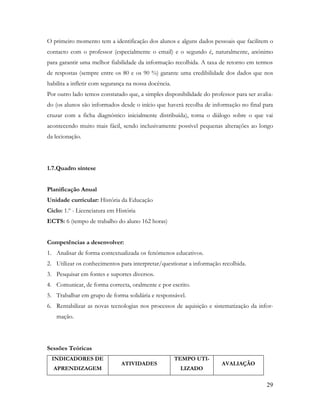 29
O primeiro momento tem a identificação dos alunos e alguns dados pessoais que facilitem o
contacto com o professor (especialmente o email) e o segundo é, naturalmente, anónimo
para garantir uma melhor fiabilidade da informação recolhida. A taxa de retorno em termos
de respostas (sempre entre os 80 e os 90 %) garante uma credibilidade dos dados que nos
habilita a infletir com segurança na nossa docência.
Por outro lado temos constatado que, a simples disponibilidade do professor para ser avalia-
do (os alunos são informados desde o início que haverá recolha de informação no final para
cruzar com a ficha diagnóstico inicialmente distribuída), torna o diálogo sobre o que vai
acontecendo muito mais fácil, sendo inclusivamente possível pequenas alterações ao longo
da lecionação.
1.7.Quadro síntese
Planificação Anual
Unidade curricular: História da Educação
Ciclo: 1.º - Licenciatura em História
ECTS: 6 (tempo de trabalho do aluno 162 horas)
Competências a desenvolver:
1. Analisar de forma contextualizada os fenómenos educativos.
2. Utilizar os conhecimentos para interpretar/questionar a informação recolhida.
3. Pesquisar em fontes e suportes diversos.
4. Comunicar, de forma correcta, oralmente e por escrito.
5. Trabalhar em grupo de forma solidária e responsável.
6. Rentabilizar as novas tecnologias nos processos de aquisição e sistematização da infor-
mação.
Sessões Teóricas
INDICADORES DE
APRENDIZAGEM
ATIVIDADES
TEMPO UTI-
LIZADO
AVALIAÇÃO
 