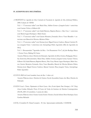 310
IV. AUDIOVISUAIS E MULTIMÉDIA
A PROPÓSITO de Agostinho da Silva: Centenário do Nascimento de Agostinho da Silva. [Lisboa]: Público,
2006. Coleção de 5 DVD.
Vol. 1 - 3 "conversas vadias" com Maria Elisa, Adelino Gomes e Joaquim Letria + entrevistas
com Caetano Veloso e Gilberto Gil
Vol. 2 - 3 "conversas vadias" com Isabel Barreno, Baptista-Bastos e Alice Cruz + entrevistas
com Mestre Lagoa Henriques e Mário Soares
Vol. 3 - 3 "conversas vadias" com Cáceres Monteiro, Fernando Alves e Vasco Ramalho + en-
trevistas com Manoel de Oliveira e Roberto Pinho
Vol. 4 - 4 "conversas vadias" com Herman José, Miguel Esteves Cardoso, Manuel António Pi-
na e Joaquim Vieira + entrevistas com Antropólogo Pedro Agostinho (filho de Agostinho da
Silva)
Vol. 5 - Documentário "Agostinho da Silva - Um Pensamento Vivo", de João Rodrigo Matos
+ Extras: Fotos, Making Of, Cartaz
Assunto/Palavras-chave: História da Educação; Agostinho da Silva; Ensino; Pedagogia; Filoso-
fia; Entrevista; Documentário; Maria Elisa; Adelino Gomes; Joaquim Letria; Caetano Veloso;
Gilberto Gil; Isabel Barreno; Baptista-Bastos; Alice Cruz; Mestre Lagoa Henriques; Mário Soa-
res; Cáceres Monteiro; Fernando Alves; Vasco Ramalho; Manoel de Oliveira; Roberto Pinho;
Herman José; Miguel Esteves Cardoso; Manuel António Pina; Joaquim Vieira; Antropólogo
Pedro Agostinho
CENTENÁRIO da Escola Secundária Soares dos Reis. 1 vídeo: col.
Assunto/Palavras-chave: História do Ensino; Escola Secundária Soares dos Reis; História da
Educação
ENSINO Liceal e Técnico. Depoimentos de Mestre Garcia Alves (Escola Infante Dom Henrique) e Dr.ª Daisy
(Liceu Carolina Michaelis). Porto: II Curso de Verão do Instituto de História Contemporânea
(FLUP), 2001 (14 setembro). 1 cassete de vídeo.
Assunto/Palavras-chave: Ensino Liceal; Ensino Técnico; Escola Infante Dom Henrique; Liceu
Carolina Michaelis
ESCOLA Secundária Dr. Manuel Laranjeira - 30 Anos. Apresentação multimédia. 1 CD-ROM.
 
