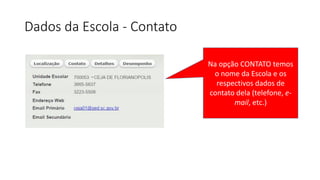 Dados da Escola - Contato
Na opção CONTATO temos
o nome da Escola e os
respectivos dados de
contato dela (telefone, e-
mail, etc.)
 