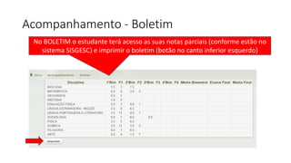 Acompanhamento - Boletim
No BOLETIM o estudante terá acesso as suas notas parciais (conforme estão no
sistema SISGESC) e imprimir o boletim (botão no canto inferior esquerdo)
 