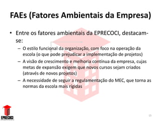 FAEs (Fatores Ambientais da Empresa)
• Entre os fatores ambientais da EPRECOCI, destacam-
  se:
   – O estilo funcional da organização, com foco na operação da
     escola (o que pode prejudicar a implementação de projetos)
   – A visão de crescimento e melhoria contínua da empresa, cujas
     metas de expansão exigem que novos cursos sejam criados
     (através de novos projetos)
   – A necessidade de seguir a regulamentação do MEC, que torna as
     normas da escola mais rígidas




                                                                13
 