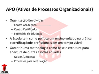 APO (Ativos de Processos Organizacionais)

• Organização Envolvidas
   – Centro Acadêmico
   – Centro Certificador
   – Secretária da Educação
• A Escola tem como política um ensino voltado na prática
  e certificaçãode profissionais em um tempo viável
• Garantir uma metodologia como base e estrutura para
  abertura de outras escolas afiliadas
   – Gastos/Despesas
   – Processos para certificação


                                                        34
 