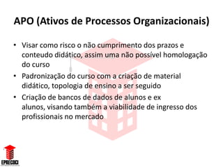 APO (Ativos de Processos Organizacionais)

• Visar como risco o não cumprimento dos prazos e
  conteudo didático, assim uma não possível homologação
  do curso
• Padronização do curso com a criação de material
  didático, topologia de ensino a ser seguido
• Criação de bancos de dados de alunos e ex
  alunos, visando também a viabilidade de ingresso dos
  profissionais no mercado
 