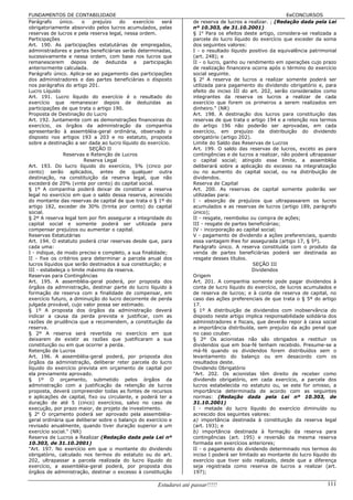 FUNDAMENTOS DE CONTABILIDADE                                                                                EeCONCURSOS
Parágrafo     único.    o   prejuízo   do   exercício   será        de reserva de lucros a realizar. ; (Redação dada pela Lei
obrigatoriamente absorvido pelos lucros acumulados, pelas           nº 10.303, de 31.10.2001)
reservas de lucros e pela reserva legal, nessa ordem.               § 1o Para os efeitos deste artigo, considera-se realizada a
Participações                                                       parcela do lucro líquido do exercício que exceder da soma
Art. 190. As participações estatutárias de empregados,              dos seguintes valores:
administradores e partes beneficiárias serão determinadas,          I - o resultado líquido positivo da equivalência patrimonial
sucessivamente e nessa ordem, com base nos lucros que               (art. 248); e
remanescerem depois de deduzida a participação                      II - o lucro, ganho ou rendimento em operações cujo prazo
anteriormente calculada.                                            de realização financeira ocorra após o término do exercício
Parágrafo único. Aplica-se ao pagamento das participações           social seguinte.
dos administradores e das partes beneficiárias o disposto           § 2o A reserva de lucros a realizar somente poderá ser
nos parágrafos do artigo 201.                                       utilizada para pagamento do dividendo obrigatório e, para
Lucro Líquido                                                       efeito do inciso III do art. 202, serão considerados como
Art. 191. Lucro líquido do exercício é o resultado do               integrantes da reserva os lucros a realizar de cada
exercício que remanescer depois de deduzidas as                     exercício que forem os primeiros a serem realizados em
participações de que trata o artigo 190.                            dinheiro." (NR)
Proposta de Destinação do Lucro                                     Art. 198. A destinação dos lucros para constituição das
Art. 192. Juntamente com as demonstrações financeiras do            reservas de que trata o artigo 194 e a retenção nos termos
exercício, os órgãos da administração da companhia                  do artigo 196 não poderão ser aprovadas, em cada
apresentarão à assembléia-geral ordinária, observado o              exercício, em prejuízo da distribuição do dividendo
disposto nos artigos 193 a 203 e no estatuto, proposta              obrigatório (artigo 202).
sobre a destinação a ser dada ao lucro líquido do exercício.        Limite do Saldo das Reservas de Lucros
                           SEÇÃO II                                 Art. 199. O saldo das reservas de lucros, exceto as para
               Reservas e Retenção de Lucros                        contingências e de lucros a realizar, não poderá ultrapassar
                         Reserva Legal                              o capital social; atingido esse limite, a assembléia
Art. 193. Do lucro líquido do exercício, 5% (cinco por              deliberará sobre a aplicação do excesso na integralização
cento) serão aplicados, antes de qualquer outra                     ou no aumento do capital social, ou na distribuição de
destinação, na constituição da reserva legal, que não               dividendos.
excederá de 20% (vinte por cento) do capital social.                Reserva de Capital
§ 1º A companhia poderá deixar de constituir a reserva              Art. 200. As reservas de capital somente poderão ser
legal no exercício em que o saldo dessa reserva, acrescido          utilizadas para:
do montante das reservas de capital de que trata o § 1º do          I - absorção de prejuízos que ultrapassarem os lucros
artigo 182, exceder de 30% (trinta por cento) do capital            acumulados e as reservas de lucros (artigo 189, parágrafo
social.                                                             único);
§ 2º A reserva legal tem por fim assegurar a integridade do         II - resgate, reembolso ou compra de ações;
capital social e somente poderá ser utilizada para                  III - resgate de partes beneficiárias;
compensar prejuízos ou aumentar o capital.                          IV - incorporação ao capital social;
Reservas Estatutárias                                               V - pagamento de dividendo a ações preferenciais, quando
Art. 194. O estatuto poderá criar reservas desde que, para          essa vantagem lhes for assegurada (artigo 17, § 5º).
cada uma:                                                           Parágrafo único. A reserva constituída com o produto da
I - indique, de modo preciso e completo, a sua finalidade;          venda de partes beneficiárias poderá ser destinada ao
II - fixe os critérios para determinar a parcela anual dos          resgate desses títulos.
lucros líquidos que serão destinados à sua constituição; e                                    SEÇÃO III
III - estabeleça o limite máximo da reserva.                                                  Dividendos
Reservas para Contingências                                         Origem
Art. 195. A assembléia-geral poderá, por proposta dos               Art. 201. A companhia somente pode pagar dividendos à
órgãos da administração, destinar parte do lucro líquido à          conta de lucro líquido do exercício, de lucros acumulados e
formação de reserva com a finalidade de compensar, em               de reserva de lucros; e à conta de reserva de capital, no
exercício futuro, a diminuição do lucro decorrente de perda         caso das ações preferenciais de que trata o § 5º do artigo
julgada provável, cujo valor possa ser estimado.                    17.
§ 1º A proposta dos órgãos da administração deverá                  § 1º A distribuição de dividendos com inobservância do
indicar a causa da perda prevista e justificar, com as              disposto neste artigo implica responsabilidade solidária dos
razões de prudência que a recomendem, a constituição da             administradores e fiscais, que deverão repor à caixa social
reserva.                                                            a importância distribuída, sem prejuízo da ação penal que
§ 2º A reserva será revertida no exercício em que                   no caso couber.
deixarem de existir as razões que justificaram a sua                § 2º Os acionistas não são obrigados a restituir os
constituição ou em que ocorrer a perda.                             dividendos que em boa-fé tenham recebido. Presume-se a
Retenção de Lucros                                                  má-fé quando os dividendos forem distribuídos sem o
Art. 196. A assembléia-geral poderá, por proposta dos               levantamento do balanço ou em desacordo com os
órgãos da administração, deliberar reter parcela do lucro           resultados deste.
líquido do exercício prevista em orçamento de capital por           Dividendo Obrigatório
ela previamente aprovado.                                           "Art. 202. Os acionistas têm direito de receber como
§ 1º O orçamento, submetido pelos órgãos da                         dividendo obrigatório, em cada exercício, a parcela dos
administração com a justificação da retenção de lucros              lucros estabelecida no estatuto ou, se este for omisso, a
proposta, deverá compreender todas as fontes de recursos            importância determinada de acordo com as seguintes
e aplicações de capital, fixo ou circulante, e poderá ter a         normas: (Redação dada pela Lei nº 10.303, de
duração de até 5 (cinco) exercícios, salvo no caso de               31.10.2001)
execução, por prazo maior, de projeto de investimento.              I - metade do lucro líquido do exercício diminuído ou
§ 2o O orçamento poderá ser aprovado pela assembléia-               acrescido dos seguintes valores:
geral ordinária que deliberar sobre o balanço do exercício e        a) importância destinada à constituição da reserva legal
revisado anualmente, quando tiver duração superior a um             (art. 193); e
exercício social." (NR)                                             b) importância destinada à formação da reserva para
Reserva de Lucros a Realizar (Redação dada pela Lei nº              contingências (art. 195) e reversão da mesma reserva
10.303, de 31.10.2001)                                              formada em exercícios anteriores;
"Art. 197. No exercício em que o montante do dividendo              II - o pagamento do dividendo determinado nos termos do
obrigatório, calculado nos termos do estatuto ou do art.            inciso I poderá ser limitado ao montante do lucro líquido do
202, ultrapassar a parcela realizada do lucro líquido do            exercício que tiver sido realizado, desde que a diferença
exercício, a assembléia-geral poderá, por proposta dos              seja registrada como reserva de lucros a realizar (art.
órgãos de administração, destinar o excesso à constituição          197);

                                                      Estudarei até passar!!!!!                                             111
 