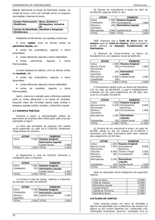 FUNDAMENTOS DE CONTABILIDADE                                                                                      EeConcursos

Balanço Patrimonial no grupo do Patrimônio Líquido, via                   d) Compra de mercadorias a prazo no valor de
contas de lucros, como por exemplo lucros ou prejuízos                 $2.000,00, pagando $200 no ato;
acumulados e reservas de lucros.
                                                                               ATIVO                     PASSIVO
                                                                       Caixa              1.500 Passivo Exigível
Contas Patrimoniais Bens, Direitos e                                   Instalações          100 Fornecedores            1.800
(Estáticas)         Obrigações, inclusive                              Móveis e             200 Patrimônio Líquido
                    PL                                                 Utensílios
Contas de Resultado Receitas e Despesas                                Mercadorias        2.000 Capital Social          2.000
(Dinâmicas)                                                            TOTAL              3.800 TOTAL                   3.800

     Analisando as três teorias, ora expostas, temos que:
                                                                           OBS: Reparem que o Total do Ativo deve ser
   A conta capital, como              as    demais    contas     de    sempre igual ao Total do Passivo. Esta conclusão é
patrimônio líquido, são:                                               obtida através da Equação Fundamental do
                                                                       Patrimônio.
   • contas        dos   proprietários,     segundo       a   teoria
personalista;                                                             e) Abertura de Conta-corrente no Banco             do
     • contas diferencial, segundo a teoria materialista;              Estudante S.A. com depósito inicial de $500,00;

    • contas        patrimonial,       segundo        a       teoria              ATIVO                   PASSIVO
Patrimonialista.                                                       Caixa                 1.000 Passivo Exigível
                                                                       Bancos Conta            500 Fornecedores         1.800
                                                                       Movimento
    A conta despesas de salários, como as demais contas
                                                                       Móveis e                200 Patrimônio
de resultado, são:                                                     Utensílios                  Líquido
   • contas        dos   proprietários,     segundo       a   teoria   Mercadorias           2.000 Capital Social       2.000
                                                                       Instalações             100
personalista
                                                                       TOTAL                 3.800 TOTAL                3.800
     • contas diferencial, segundo a teoria materialista
                                                                           f) Empréstimo obtido junto ao Banco do Estudante
     • contas      de    resultado,        segundo    a       teoria
                                                                       S.A. no valor de $8.000,00, o qual é imediatamente
Patrimonialista                                                        creditado em C/C para pagamento em 90 dias, sem
                                                                       juros ou correção monetária;
    Assim, chama-se a atenção para a diferença existente
entre as contas diferenciais e as contas de resultado.                            ATIVO                    PASSIVO
Enquanto estas são formadas apenas pelas receitas e                    Caixa                 1.000 Passivo Exigível
despesas, aquelas contém, também, o Patrimônio Líquido.                Bancos Conta          8.500 Empréstimos          8.000
                                                                       Movimento                   Bancários
4.7 EXEMPLO PRÁTICO                                                    Móveis e                200 Fornecedores         1.800
                                                                       Utensílios
   Faremos a seguir a representação gráfica do                         Mercadorias           2.000 Patrimônio
patrimônio da empresa Alfa e Beta após cada uma das                                                Líquido
operações a seguir:                                                    Instalações             100 Capital Social       2.000
                                                                       TOTAL                11.800 TOTAL               11.800
    a) Início das atividades da empresa com capital
social registrado no valor de $ 2.000,00, totalmente                      g) Compra de um automóvel a prazo, no valor de
integralizado em dinheiro.                                             $6.000, dando no ato um cheque de $1.000,00 e
                                                                       assinando uma Nota Promissória pelo valor restante
          ATIVO                     PASSIVO                            para pagamento em 60 dias;
Caixa                2.000 Passivo Exigível
                           Patrimônio Líquido                                   ATIVO                      PASSIVO
                           Capital Social                     2.000    Caixa               1.000 Passivo Exigível
TOTAL                2.000 TOTAL                              2.000    Bancos Conta        7.500 Empréstimos            8.000
                                                                       Movimento                 Bancários
                                                                       Veículos            6.000 Títulos a Pagar        5.000
                                                                       Móveis e              200 Fornecedores           1.800
    b) Pagamento à vista de $100,00 referente a
                                                                       Utensílios
instalações para a empresa;
                                                                       Mercadorias         2.000 Patrimônio
                                                                                                 Líquido
          ATIVO                      PASSIVO
                                                                       Instalações           100 Capital Social         2.000
Caixa                1.900 Passivo Exigível
                                                                       TOTAL              16.800 TOTAL                 16.800
Instalações            100 Patrimônio Líquido
                           Capital Social                     2.000       Após as operações acima chegamos aos seguintes
TOTAL                2.000 TOTAL                              2.000    valores:

   c) Compra à vista de mesas, cadeiras e máquinas                       Total do Ativo                             16.800
de calcular, no valor de $200,00.                                        Total do Passivo                           16.800
                                                                         Patrimônio Líquido                          2.000
        ATIVO                        PASSIVO                             Capital Próprio                             2.000
Caixa                1.700 Passivo Exigível                              Capital de Terceiros                       14.800
Instalações            100 Patrimônio Líquido                            Patrimônio Bruto                           16.800
Móveis e               200 Capital Social                     2.000
Utensílios                                                             4.8 PLANO DE CONTAS
TOTAL                2.000 TOTAL                              2.000
                                                                           Cada empresa possui um ramo de atividade e
                                                                       alguma peculiaridade que a diferencia das demais em
                                                                       alguns ou em muitos aspectos (ex: construção civil,
                                                                       instituições financeiras, governo, sociedade civil ou
20
 