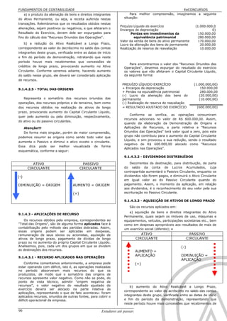 FUNDAMENTOS DE CONTABILIDADE                                                                         EeCONCURSOS
    a) o produto da alienação de bens e direitos integrantes            Para melhor compreensão, imaginemos a seguinte
do Ativo Permanente, ou seja, a receita auferida nestas             situação:
transações. Relembramos que os resultados obtidos nestas
                                                                  Prejuízo Líquido do exercício                    (1.000.000,0
alienações, sejam positivos ou negativos, e que afetaram o
                                                                  Encargos de depreciação                                    0)
Resultado do Exercício, devem dele ser expurgados para                   Perdas em investimentos da                  150.000,00
fins do cálculo dos "Recursos Oriundos das Operações".                     equivalência patrimonial                  280.000,00
                                                                  Valor da venda de bens do ativo permanente         170.000,00
    b) a redução do Ativo Realizável a Longo Prazo,               Lucro da alienação dos bens do permanente           20.000,00
correspondente ao valor do decréscimo no saldo das contas         Realização de reserva de reavaliação                10.000,00
integrantes deste grupo, verificada entre as datas de início
e fim do período da demonstração, retratando que neste
período houve mais recebimentos que concessões de
                                                                       Para encontrarmos o valor dos "Recursos Oriundos das
créditos de longo prazo, provocando aumento no Ativo                Operações", devemos expurgar do resultado do exercício
Circulante. Conforme veremos adiante, havendo aumento               os valores que não afetaram o Capital Circulante Líquido,
do saldo nesse grupo, ele deverá ser considerado aplicação          da seguinte forma:
de recursos.
                                                                   PREJUÍZO LÍQUIDO EXERCÍCIO                     (1.000.000,00)
9.1.4.2.5 - TOTAL DAS ORIGENS                                      + Encargos de depreciação                          150.000,00
                                                                   + Perdas na equivalência patrimonial               280.000,00
                                                                   (-) Lucro da alienação dos bens do                (20.000,00)
   Representa o somatório dos recursos oriundos das                permanente                                        (10.000,00)
operações, dos recursos próprios e de terceiros, bem como          (-) Realização de reserva de reavaliação
dos recursos obtidos na realização de ativos de longo              = RESULTADO AJUSTADO DO EXERCÍCIO               (600.000,00)
prazo, provocando aumento do Capital Circulante Líquido,
                                                                        Conforme se verifica, as operações consumiram
quer pelo aumento ou pela diminuição, respectivamente,
                                                                    recursos adicionais no valor de R$ 600.000,00. Assim,
do ativo ou do passivo circulantes.
                                                                    quando da elaboração da Demonstração de Origens e
   Atenção!!!                                                       Aplicações de Recursos, a parte relativa a "Recursos
   De forma mais singular, porém de maior compreensão,              Oriundos das Operações" terá valor igual a zero, pois este
podemos resumir as origens como sendo todo valor que                grupo não contribuiu para o aumento do Capital Circulante
                                                                    Líquido, e sim provocou a sua redução, sendo o resultado
aumenta o Passivo e diminui o ativo exceto o circulante.
                                                                    negativo de R$ 600.000,00 alocado como "Recursos
Essa dica pode ser melhor visualizada de forma
                                                                    Aplicados nas Operações".
esquemática, conforme a seguir:
                                                                    9.1.4.3.2 - DIVIDENDOS DISTRIBUÍDOS

         ATIVO                             PASSIVO                      Decorrentes da destinação, para distribuição, de parte
      CIRCULANTE                         CIRCULANTE                 do saldo da conta de Lucros Acumulados, cuja
                                                                    contrapartida aumentará o Passivo Circulante, enquanto os
(-)                                                                 dividendos não forem pagos, e diminuirá o Ativo Circulante
                                                                    em igual valor ao do Passivo Circulante quando do
DIMINUIÇÃO = ORIGEM                AUMENTO = ORIGEM                 pagamento. Assim, o momento da aplicação, em relação
                                                                    aos dividendos, é o reconhecimento do seu valor pela sua
                                   (+)                              escrituração no Passivo Circulante.

                                                                    9.1.4.3.3 - AQUISIÇÃO DE ATIVOS DE LONGO PRAZO

                                                                        São os recursos aplicados em:
                                                                       a) aquisição de bens e direitos integrantes do Ativo
9.1.4.3 - APLICAÇÕES DE RECURSO
                                                                    Permanente, quais sejam os imóveis de uso, máquinas e
    Os recursos obtidos pela empresa, correspondentes ao            equipamentos, veículos, participações societárias etc., bem
"Total das Origens", são de alguma forma aplicados face à           como em despesas apropriáveis aos resultados de mais de
contabilização pelo método das partidas dobradas. Assim,            um exercício social (diferido); e
essas origens podem ser aplicadas em despesas,
remuneração de seus sócios ou acionistas, aquisição de                         ATIVO                             PASSIVO
ativos de longo prazo, pagamento de dívidas de longo                        CIRCULANTE                         CIRCULANTE
prazo ou no aumento do próprio Capital Circulante Líquido.
Analisemos, pois, cada um dos grupos em que se dividem                                                   (-)
as destinações dos recursos.                                                AUMENTO =
                                                                            APLICAÇÃO                    DIMINUIÇÃO =
9.1.4.3.1 - RECURSO APLICADOS NAS OPERAÇÕES
                                                                                                         APLICAÇÃO
    Conforme comentamos anteriormente, a empresa pode                       (+)
estar operando com déficit, isto é, as operações realizadas
no período absorveram mais recursos do que os
produzidos, de modo que o somatório das origens de
recursos apresente valor negativo. Como não se pode, do
ponto de vista técnico, admitir "origem negativa de
recursos", o valor negativo do resultado ajustado do                    b) aumento do Ativo Realizável a Longo Prazo,
exercício deverá ser alocado na parte relativa às
                                                                    correspondente ao valor do acréscimo no saldo das contas
aplicações, representando o que de fato aconteceu: foram
aplicados recursos, oriundos de outras fontes, para cobrir o        integrantes deste grupo, verificada entre as datas de início
déficit operacional da empresa.                                     e fim do período da demonstração, representando que
                                                                    neste período houve mais concessões que recebimentos de

90                                                    Estudarei até passar!!!!!
 