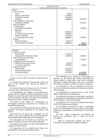 FUNDAMENTOS DE CONTABILIDADE                                                                              EeCONCURSOS
                                                        CHUVA & LUA S/A
                                               BALANÇO PATRIMONIAL EM 31/12/20X0
      ATIVO
       Ativo Circulante
          Caixa                                                                         80,00
          Bancos c/ Movimento                                                        1.300,00
          Duplicatas a Receber                                                       2.800,00
          Estoques                                                                   5.700,00              9.880,00
       Ativo Realizável a Longo Prazo
          Duplicatas a Receber                                                                             2.000,00
       Ativo Permanente
        Investimentos
          Participações Societárias                                                                        5.000,00
        Imobilizado
          Imóveis                                                                    4.000,00
          (-) Depreciação Acumulada                                                  (800,00)
          Móveis e Utensílios                                                        2.300,00
          (-) Depreciação Acumulada                                                  (460,00)              5.040,00
       Diferido
          Estudos e Projetos                                                         1.000,00
          (-)Amortização Acumulada                                                   (200,00)                800,00
                                                                                                         22.720,00



      PASSIVO
       Passivo Circulante
          Fornecedores                                                               7.500,00
          Impostos e Contribuições a Pagar                                           1.300,00              8.800,00
       Passivo Exigível a Longo Prazo
          Financiamentos                                                                                   2.100,00
       Resultado de Exercícios Futuros
          Receitas de Exercícios Futuros                                               900,00
           (-) Custos e Despesas                                                     (700,00)                200,00
       Patrimônio Líquido
          Capital Social                                                             8.000,00
          Reserva de Reavaliação                                                     1.000,00
          Lucros Acumulados                                                          2.620,00             11.620,00
                                                                                                         22.720,00
                                                                         10) transferência, por ocasião do encerramento do
   Durante o ano de 20X1, ocorreram os seguintes fatos              exercício, de R$ 300,00 dos valores classificados no
contábeis:                                                          Passivo Exigível a Longo Prazo, para conta de idêntica
   01) quitação dos Impostos e Contribuições a Pagar, no            intitulação no Passivo Circulante, visto que o vencimento
valor de R$ 1.300,00, com recursos de Bancos C/                     dos respectivos títulos irá acontecer no exercício seguinte;
Movimento;                                                             11) realização de 70% do Resultado de Exercícios
    02) venda do total dos Estoques, por R$ 7.410,00, à             Futuros, em virtude de conclusão de idêntico percentual da
vista, cujo valor foi depositado em conta bancária;                 obra contratada;
    03) transferência, por ocasião do encerramento do                  12) integralização de Capital Social, no valor de R$
exercício, de R$ 1.600,00 dos valores classificados no Ativo        900,00, depositados em conta bancária;
Realizável a Longo Prazo, para conta de idêntica intitulação           13) realização da Reserva de Reavaliação, decorrente
no Ativo Circulante, visto que o vencimento dos respectivos         da apropriação de depreciação e da baixa por alienação de
títulos irá acontecer no exercício seguinte;                        bem reavaliado, no valor de R$ 690,00;
   04) ganho de R$ 500,00 nos investimentos em                         14) pagamento, com recursos da conta bancária, de R$
Participações Societárias, decorrente do resultado da               520,00 de dividendos aos acionistas;
equivalência patrimonial;
                                                                       15) constituição da Provisão p/ IRPJ e Contribuição
   05) apropriação da depreciação de Imóveis e Móveis e             Social, nos valores respectivos de R$ 300,00 e R$ 160,00,
Utensílios, nos valores respectivos de R$ 160,00 e R$               tendo como contrapartida a conta Impostos e Contribuições
230,00;                                                             a Pagar;
   06) venda de um terreno do imobilizado, por R$                      16) todo o saldo remanescente do Resultado do
1.200,00, cujo custo contábil era de R$ 1.000,00, tendo o           Exercício foi transferido para a conta de Lucros
valor da alienação sido depositado em conta bancária;               Acumulados.
   07) apropriação de R$ 200,00 dos dispêndios com
                                                                          Após os lançamentos contábeis dos fatos
Estudos e Projetos, a título de amortização do período;
                                                                    elencados a empresa apurou o seguinte resultado:
   08) pagamento de salários no valor de R$ 600,00 com
recursos de conta bancária;
   09) pagamento de R$ 6.000,00 das dívidas com
Fornecedores, com recursos de conta bancária;



92                                                    Estudarei até passar!!!!!
 