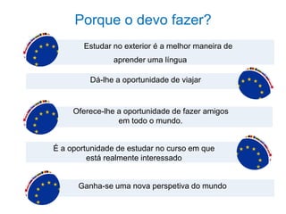 É a oportunidade de estudar no curso em que
está realmente interessado
Porque o devo fazer?
Estudar no exterior é a melhor maneira de
aprender uma língua
Dá-lhe a oportunidade de viajar
Oferece-lhe a oportunidade de fazer amigos
em todo o mundo.
Ganha-se uma nova perspetiva do mundo
 