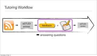 Tutoring Workﬂow



                          eSTUDI                            eSTUDI
                          entries       feedback   +         review




                                    ➡ answering questions




Donnerstag, 22. März 12
 