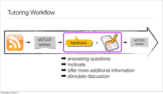 Tutoring Workﬂow



                          eSTUDI                                      eSTUDI
                          entries       feedback    +                  review




                                    ➡ answering questions
                                    ➡ motivate
                                    ➡ offer more additional information
                                    ➡ stimulate discussion

Donnerstag, 22. März 12
 