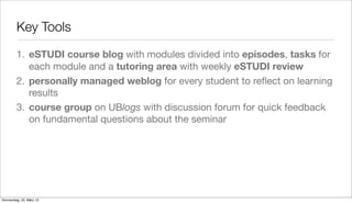 Key Tools

         1. eSTUDI course blog with modules divided into episodes, tasks for
            each module and a tutoring area with weekly eSTUDI review
         2. personally managed weblog for every student to reﬂect on learning
            results
         3. course group on UBlogs with discussion forum for quick feedback
            on fundamental questions about the seminar




Donnerstag, 22. März 12
 