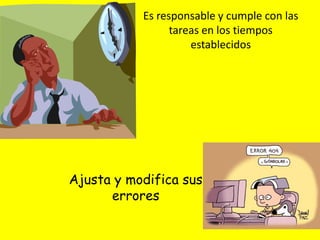 Es responsable y cumple con las
tareas en los tiempos
establecidos
Ajusta y modifica sus
errores
 