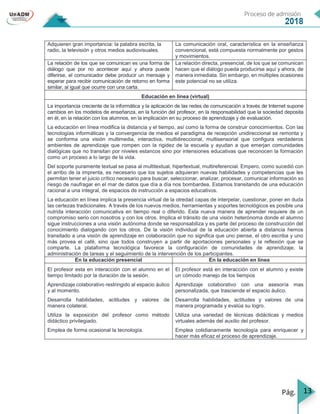 13
Adquieren gran importancia: la palabra escrita, la
radio, la televisión y otros medios audiovisuales.
La comunicación oral, característica en la enseñanza
convencional, está compuesta normalmente por gestos
y movimientos.
La relación de los que se comunican es una forma de
diálogo que por no acontecer aquí y ahora puede
diferirse, el comunicador debe producir un mensaje y
esperar para recibir comunicación de retorno en forma
similar, al igual que ocurre con una carta.
La relación directa, presencial, de los que se comunican
hacen que el diálogo pueda producirse aquí y ahora, de
manera inmediata. Sin embargo, en múltiples ocasiones
este potencial no se utiliza.
Educación en línea (virtual)
La importancia creciente de la informática y la aplicación de las redes de comunicación a través de Internet supone
cambios en los modelos de enseñanza, en la función del profesor, en la responsabilidad que la sociedad deposita
en él, en la relación con los alumnos, en la implicación en su proceso de aprendizaje y de evaluación.
La educación en línea modifica la distancia y el tiempo, así como la forma de construir conocimientos. Con las
tecnologías informáticas y la convergencia de medios el paradigma de recepción unidireccional se remonta y
se conforma una visión multimedia, interactiva, multidireccional, multisensorial que configura verdaderos
ambientes de aprendizaje que rompen con la rigidez de la escuela y ayudan a que emerjan comunidades
dialógicas que no transitan por niveles estancos sino por intensiones educativas que reconocen la formación
como un proceso a lo largo de la vida.
Del soporte puramente textual se pasa al multitextual, hipertextual, multireferencial. Empero, como sucedió con
el arribo de la imprenta, es necesario que los sujetos adquieran nuevas habilidades y competencias que les
permitan tener el juicio crítico necesario para buscar, seleccionar, analizar, procesar, comunicar información so
riesgo de naufragar en el mar de datos que día a día nos bombardea. Estamos transitando de una educación
racional a una integral, de espacios de instrucción a espacios educativos.
La educación en línea implica la presencia virtual de la otredad capas de interpelar, cuestionar, poner en duda
las certezas tradicionales. A través de los nuevos medios, herramientas y soportes tecnológicos es posible una
nutrida interacción comunicativa en tiempo real o diferido. Esta nueva manera de aprender requiere de un
compromiso serio con nosotros y con los otros. Implica el tránsito de una visión heterónoma donde el alumno
sigue instrucciones a una visión autónoma donde se responsabiliza y es parte del proceso de construcción del
conocimiento dialogando con los otros. De la visión individual de la educación abierta a distancia hemos
transitado a una visión de aprendizaje en colaboración que no significa que uno piense, el otro escriba y uno
más provea el café, sino que todos construyen a partir de aportaciones personales y la reflexión que se
comparte. La plataforma tecnológica favorece la configuración de comunidades de aprendizaje, la
administración de tareas y el seguimiento de la intervención de los participantes.
En la educación presencial En la educación en línea
El profesor esta en interacción con el alumno en el
tiempo limitado por la duración de la sesión.
Aprendizaje colaborativo restringido al espacio áulico
y al momento.
Desarrolla habilidades, actitudes y valores de
manera colateral.
Utiliza la exposición del profesor como método
didáctico privilegiado.
Emplea de forma ocasional la tecnología.
El profesor está en interacción con el alumno y existe
un cómodo manejo de los tiempos
Aprendizaje colaborativo con una asesoría mas
personalizada, que trasciende el espacio áulico.
Desarrolla habilidades, actitudes y valores de una
manera programada y evalúa su logro.
Utiliza una variedad de técnicas didácticas y medios
virtuales además del auxilio del profesor.
Emplea cotidianamente tecnología para enriquecer y
hacer más eficaz el proceso de aprendizaje.
 