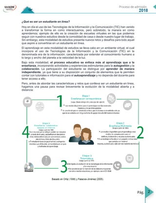 2
¿Qué es ser un estudiante en línea?
Hoy en día el uso de las Tecnologías de la Información y la Comunicación (TIC) han venido
a transformar la forma en como interactuamos, pero sobretodo, la manera en como
aprendemos; ejemplo de ello es la creación de escuelas virtuales en las que podemos
seguir con nuestros estudios desde la comodidad de casa o desde nuestro lugar de trabajo.
Sin embargo, esta modalidad de estudios presenta nuevos retos y desafíos para todo aquel
que aspire a convertirse en un estudiante en línea.
El aprendizaje en esta modalidad de estudios se lleva cabo en un ambiente virtual, el cual
incorpora el uso de Tecnologías de la Información y la Comunicación (TIC) en la
denominada era de la información, caracterizada por extender el conocimiento humano a
lo largo y ancho del planeta a la velocidad de la luz.
Bajo esta modalidad, el proceso educativo se enfoca más al aprendizaje que a la
enseñanza, incorporando actividades y experiencias estimulantes para la autogestión y la
colaboración. La participación del estudiante se distingue por aprender de manera
independiente, ya que tiene a su disposición un conjunto de elementos que le permiten
contar con tutoriales e información para el autoaprendizaje y no depende del docente para
tener acceso a ello.
Pero, antes de abordar las características y retos que conlleva ser un estudiante en línea,
hagamos una pausa para revisar brevemente la evolución de la modalidad abierta y a
distancia:
 