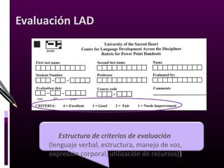 Avisos del LAD
Trabajo escritoTrabajo escrito
Recordatorio y lineamientos: una semana antes
Primer borrador: se recogerá en clase
Versión final: Dos copias el día de la presentación
final
 