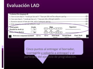 Presentación oral
PregrabaciónPregrabación
• Hacer una cita
• Contar con el borrador de
la presentación
Presentación oral
Grabación finalGrabación final
• Preparado
• No habrá reposiciones
Avisos del LAD
 
