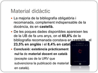 Material didàctic La majoria de la bibliografia obligatòria i recomanada, complement indispensable de la docència, és en  castellà.   De les poques dades disponibles apareixen les de la UB de fa uns anys, on el  60,8%  de la bibliografia recomanada constava en  castellà ,  el  23,5% en anglès  i el  8,4% en català . Conclusió: existència pràcticament  nul·la  de  material docent en català  (excepte cas de la URV que  subvenciona la publicació de material  en català). 