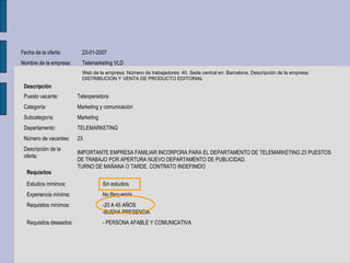 Teleoperadora Descripción Requisitos Web de la empresa: Número de trabajadores: 40. Sede central en: Barcelona. Descripció...