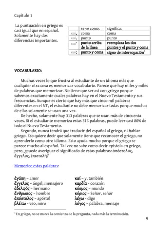 Capítulo 1
9
La puntuación en griego es
casi igual que en español.
Solamente hay dos
diferencias importantes.
VOCABULARIO:
Muchas veces lo que frustra al estudiante de un idioma más que
cualquier otra cosa es memorizar vocabulario. Parece que hay miles y miles
de palabras que memorizar. No tiene que ser así con griego porque
sabemos exactamente cuales palabras hay en el Nuevo Testamento y sus
frecuencias. Aunque es cierto que hay más que cinco mil palabras
diferentes en el NT, el estudiante no debe memorizar todas porque muchas
de ellas solamente se usan una vez.
De hecho, solamente hay 313 palabras que se usan más de cincuenta
veces. Si el estudiante memoriza estas 313 palabras, puede leer casi 80% de
todo el Nuevo Testamento.
Segundo, nunca tendrá que traducir del español al griego, ni hablar
griego. Eso quiere decir que solamente tiene que reconocer el griego, no
aprenderlo como otro idioma. Esto ayuda mucho porque el griego se
parece mucho al español. Tal vez no sabe como decir epístola en griego,
pero, ¿puede averiguar el significado de estas palabras: ἀπόστολος,
ἄγγελος, ἐπιστολή?
Memorice estas palabras:
ἀγάπη – amor
ἄγγελος – ángel, mensajero
ἀδελφός – hermano
ἄνθρωπος – hombre
ἀπόστολος – apóstol
βλέπω - veo, miro
καί – y, también
καρδία - corazón
κόσμος – mundo
κύριος – Señor, señor
λέγω - digo
λόγος – palabra, mensaje
3
En griego, no se marca la comienza de la pregunta, nada más la terminación.
se ve como: significa:
καί, coma coma
καί. punto punto
καί. punto arriba
de la línea
reemplaza los dos
puntos y el punto y coma
καί; punto y coma signo de interrogación3
 