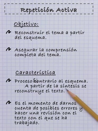 Repetición ActivaRepetición Activa
Reconstruir el tema a partir
del esquema.
Asegurar la comprensión
completa del tema.
Objetivo:
Característica
s:Proceso contrario al esquema.
A partir de la síntesis se
reconstruye el texto.
Es el momento de darnos
cuenta de posibles errores y
hacer una revisión con el
texto con el que se ha
trabajado.
 