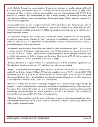 posible a la leche de mujer. Las recomendaciones de ingesta más utilizadas son las elaboradas por el Comité
de Expertos Food and Nutrition Board de la National Research Council en su edición de 1989, donde
establecen las RDA, o raciones dietéticas recomendadas, para cubrir las necesidades del 97-98% de la
población de referencia. Más recientemente, en 1998, el mismo Comité y la Academia Canadiense han
elaborado nuevos informes sobre recomendaciones de ingesta de calcio, fósforo, magnesio, vitamina D y
sobre vitaminas del grupo B.
Las necesidades diarias de agua son aproximadamente 150 ml/kg de peso y día. Aunque puede variar en
función de la temperatura, aumento de pérdidas o carga renal de solutos de la alimentación. El NRC
(National Research Council) recomienda 1,5 ml/kcal de energía administrada que es la relación agua /
energía de la leche humana.
Las necesidades energéticas del lactante para el crecimiento durante el primer año son muy grandes,
inversamente proporcionales a la edad del niño, y varían con la velocidad de crecimiento y tipo de tejido
sintetizado según la edad. Las necesidades de mantenimiento incluyen el metabolismo basal, excretas y
acción dinamicoespecífica de los alimentos.
Las requeridas para la actividad física oscilan entre 9 kcal/día en los primeros meses, hasta 23 kcal/kg/día en
el segundo semestre. El ajuste de energía aconsejable es de 108 kcal/kg/día en los primeros 6 meses y 96
kcal/kg/día de los 6 a 12 meses. La proporción de energía suministrada por los principios inmediatos debe
ser similar a la aportada por la leche humana. Así, las grasas deben aportar el 50-54% de la energía, los
hidratos de carbono, el 36-40%, y las proteínas, un 7% de la energía.
• Proteínas. El cálculo de la ingesta proteica en el lactante se basa en el de los alimentados a pecho es decir:
2,04 g/kg/día en los primeros 3 meses y 1,73 g/kg/día de los 3 a los 6 meses (tabla I).
• Grasas. Las recomendaciones de ingesta grasa son de 3,3 g por 100 kcal (30% de las calorías totales),
siendo 300 mg de ácido linoleico/100 kcal (2,7% del total energético) según la AAP. El Comité de ESPGAN
recomienda cifras de 4-6 g/100 ml de fórmula (40-55% de calorías totales) y del 1-3 g/100 del aporte
calórico como linoleico. Para el ácido linolénico no se han determinado cifras exactas, pero debe mantenerse
la relación linoleico/linolénico de 10/1 como en la leche materna.
• Hidratos de carbono. Son necesarios como aporte energético y no se pueden reemplazar por otro tipo de
nutrientes. La lactosa es el disacárido predominante sintetizado por la glándula mamaria de los mamíferos.
Proporciona doble cantidad de energía sin elevar la osmolaridad. La lactosa es fuente de galactosa para la
formación de galactocerebrósidos. La cantidad aconsejada es de 8-12 g. por 100 kcal. (5,4-8,2 g/100 ml de
fórmula). Debe proporcionar el 50-55% de las calorías de la dieta.
• Minerales. El hierro es el que puede dar lugar a deficiencias. Aunque la leche materna es pobre en hierro,
su biodisponibilidad es muy elevada y puede cubrir las necesidades hasta los 4-6 meses. Las fórmulas, sin
embargo, deben ser suplementadas.

NUTRICIÓN DEL LACTANTE, ESCOLAR Y ADOLESCENTE

Página 12

 