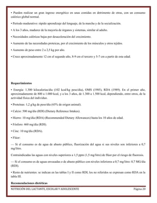 • Pueden realizar un gran ingreso energético en unas comidas en detrimento de otras, con un consumo
calórico global normal.
• Período madurativo: rápido aprendizaje del lenguaje, de la marcha y de la socialización.
• A los 3 años, madurez de la mayoría de órganos y sistemas, similar al adulto.
• Necesidades calóricas bajas por desaceleración del crecimiento.
• Aumento de las necesidades proteicas, por el crecimiento de los músculos y otros tejidos.
• Aumento de peso entre 2 a 2,5 kg por año.
• Crece aproximadamente 12 cm el segundo año, 8-9 cm el tercero y 5-7 cm a partir de esta edad.

Requerimientos
• Energía: 1.300 kilocalorías/día (102 kcal/kg peso/día), OMS (1985), RDA (1989). En el primer año,
aproximadamente de 800 a 1.000 kcal, y a los 3 años, de 1.300 a 1.500 kcal, dependiendo, entre otros, de la
actividad física del individuo.
• Proteínas: 1,2 g/kg de peso/día (65% de origen animal).
• Calcio: 500 mg/día (RDI) (Dietary Reference Intakes).
• Hierro: 10 mg/día (RDA) (Recommended Dietary Allowances) hasta los 10 años de edad.
• Fósforo: 460 mg/día (RDI).
• Cinc: 10 mg/día (RDA).
• Flúor:
— Si el consumo es de agua de abasto público, fluorización del agua si sus niveles son inferiores a 0,7
mg/litro.
Contraindicadas las aguas con niveles superiores a 1,5 ppm (1,5 mg/litro) de flúor por el riesgo de fluorosis.
— Si el consumo es de aguas envasadas o de abasto público con niveles inferiores a 0,7 mg/litro: 0,7 MG/día
(RDI).
• Resto de nutrientes: se indican en las tablas I y II como RDI; los no referidos se expresan como RDA en la
tabla III.
Recomendaciones dietéticas
NUTRICIÓN DEL LACTANTE, ESCOLAR Y ADOLESCENTE

Página 20

 