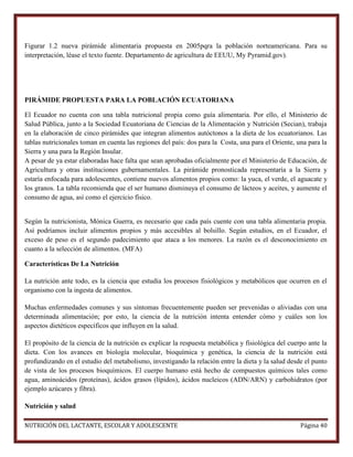 Figurar 1.2 nueva pirámide alimentaria propuesta en 2005pqra la población norteamericana. Para su
interpretación, léase el texto fuente. Departamento de agricultura de EEUU, My Pyramid.gov).

PIRÁMIDE PROPUESTA PARA LA POBLACIÓN ECUATORIANA
El Ecuador no cuenta con una tabla nutricional propia como guía alimentaria. Por ello, el Ministerio de
Salud Pública, junto a la Sociedad Ecuatoriana de Ciencias de la Alimentación y Nutrición (Secian), trabaja
en la elaboración de cinco pirámides que integran alimentos autóctonos a la dieta de los ecuatorianos. Las
tablas nutricionales toman en cuenta las regiones del país: dos para la Costa, una para el Oriente, una para la
Sierra y una para la Región Insular.
A pesar de ya estar elaboradas hace falta que sean aprobadas oficialmente por el Ministerio de Educación, de
Agricultura y otras instituciones gubernamentales. La pirámide pronosticada representaría a la Sierra y
estaría enfocada para adolescentes, contiene nuevos alimentos propios como: la yuca, el verde, el aguacate y
los granos. La tabla recomienda que el ser humano disminuya el consumo de lácteos y aceites, y aumente el
consumo de agua, así como el ejercicio físico.

Según la nutricionista, Mónica Guerra, es necesario que cada país cuente con una tabla alimentaria propia.
Así podríamos incluir alimentos propios y más accesibles al bolsillo. Según estudios, en el Ecuador, el
exceso de peso es el segundo padecimiento que ataca a los menores. La razón es el desconocimiento en
cuanto a la selección de alimentos. (MFA)
Características De La Nutrición
La nutrición ante todo, es la ciencia que estudia los procesos fisiológicos y metabólicos que ocurren en el
organismo con la ingesta de alimentos.
Muchas enfermedades comunes y sus síntomas frecuentemente pueden ser prevenidas o aliviadas con una
determinada alimentación; por esto, la ciencia de la nutrición intenta entender cómo y cuáles son los
aspectos dietéticos específicos que influyen en la salud.
El propósito de la ciencia de la nutrición es explicar la respuesta metabólica y fisiológica del cuerpo ante la
dieta. Con los avances en biología molecular, bioquímica y genética, la ciencia de la nutrición está
profundizando en el estudio del metabolismo, investigando la relación entre la dieta y la salud desde el punto
de vista de los procesos bioquímicos. El cuerpo humano está hecho de compuestos químicos tales como
agua, aminoácidos (proteínas), ácidos grasos (lípidos), ácidos nucleicos (ADN/ARN) y carbohidratos (por
ejemplo azúcares y fibra).
Nutrición y salud
NUTRICIÓN DEL LACTANTE, ESCOLAR Y ADOLESCENTE

Página 40

 