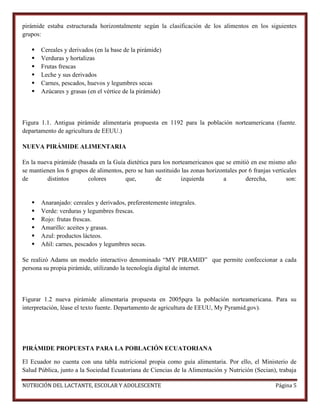pirámide estaba estructurada horizontalmente según la clasificación de los alimentos en los siguientes
grupos:







Cereales y derivados (en la base de la pirámide)
Verduras y hortalizas
Frutas frescas
Leche y sus derivados
Carnes, pescados, huevos y legumbres secas
Azúcares y grasas (en el vértice de la pirámide)

Figura 1.1. Antigua pirámide alimentaria propuesta en 1192 para la población norteamericana (fuente.
departamento de agricultura de EEUU.)
NUEVA PIRÁMIDE ALIMENTARIA
En la nueva pirámide (basada en la Guía dietética para los norteamericanos que se emitió en ese mismo año
se mantienen los 6 grupos de alimentos, pero se han sustituido las zonas horizontales por 6 franjas verticales
de
distintos
colores
que,
de
izquierda
a
derecha,
son:








Anaranjado: cereales y derivados, preferentemente integrales.
Verde: verduras y legumbres frescas.
Rojo: frutas frescas.
Amarillo: aceites y grasas.
Azul: productos lácteos.
Añil: carnes, pescados y legumbres secas.

Se realizó Adams un modelo interactivo denominado “MY PIRAMID” que permite confeccionar a cada
persona su propia pirámide, utilizando la tecnología digital de internet.

Figurar 1.2 nueva pirámide alimentaria propuesta en 2005pqra la población norteamericana. Para su
interpretación, léase el texto fuente. Departamento de agricultura de EEUU, My Pyramid.gov).

PIRÁMIDE PROPUESTA PARA LA POBLACIÓN ECUATORIANA
El Ecuador no cuenta con una tabla nutricional propia como guía alimentaria. Por ello, el Ministerio de
Salud Pública, junto a la Sociedad Ecuatoriana de Ciencias de la Alimentación y Nutrición (Secian), trabaja
NUTRICIÓN DEL LACTANTE, ESCOLAR Y ADOLESCENTE

Página 5

 