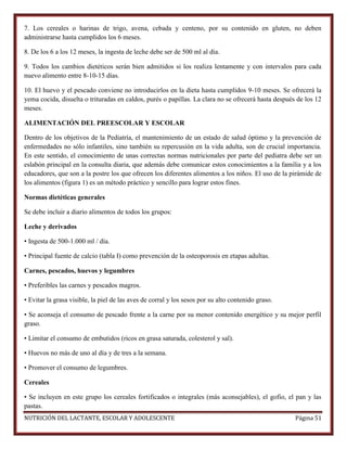 7. Los cereales o harinas de trigo, avena, cebada y centeno, por su contenido en gluten, no deben
administrarse hasta cumplidos los 6 meses.
8. De los 6 a los 12 meses, la ingesta de leche debe ser de 500 ml al día.
9. Todos los cambios dietéticos serán bien admitidos si los realiza lentamente y con intervalos para cada
nuevo alimento entre 8-10-15 días.
10. El huevo y el pescado conviene no introducirlos en la dieta hasta cumplidos 9-10 meses. Se ofrecerá la
yema cocida, disuelta o trituradas en caldos, purés o papillas. La clara no se ofrecerá hasta después de los 12
meses.
ALIMENTACIÓN DEL PREESCOLAR Y ESCOLAR
Dentro de los objetivos de la Pediatría, el mantenimiento de un estado de salud óptimo y la prevención de
enfermedades no sólo infantiles, sino también su repercusión en la vida adulta, son de crucial importancia.
En este sentido, el conocimiento de unas correctas normas nutricionales por parte del pediatra debe ser un
eslabón principal en la consulta diaria, que además debe comunicar estos conocimientos a la familia y a los
educadores, que son a la postre los que ofrecen los diferentes alimentos a los niños. El uso de la pirámide de
los alimentos (figura 1) es un método práctico y sencillo para lograr estos fines.
Normas dietéticas generales
Se debe incluir a diario alimentos de todos los grupos:
Leche y derivados
• Ingesta de 500-1.000 ml / día.
• Principal fuente de calcio (tabla I) como prevención de la osteoporosis en etapas adultas.
Carnes, pescados, huevos y legumbres
• Preferibles las carnes y pescados magros.
• Evitar la grasa visible, la piel de las aves de corral y los sesos por su alto contenido graso.
• Se aconseja el consumo de pescado frente a la carne por su menor contenido energético y su mejor perfil
graso.
• Limitar el consumo de embutidos (ricos en grasa saturada, colesterol y sal).
• Huevos no más de uno al día y de tres a la semana.
• Promover el consumo de legumbres.
Cereales
• Se incluyen en este grupo los cereales fortificados o integrales (más aconsejables), el gofio, el pan y las
pastas.
NUTRICIÓN DEL LACTANTE, ESCOLAR Y ADOLESCENTE

Página 51

 
