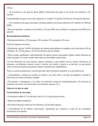 • Flúor:
— Si el consumo es de agua de abasto público, fluorización del agua si sus niveles son inferiores a 0,7
mg/litro.
Contraindicadas las aguas con niveles superiores a 1,5 ppm (1,5 mg/litro) de flúor por el riesgo de fluorosis.
— Si el consumo es de aguas envasadas o de abasto público con niveles inferiores a 0,7 mg/litro: 0,7 MG/día
(RDI).
• Resto de nutrientes: se indican en las tablas I y II como RDI; los no referidos se expresan como RDA en la
tabla III.
Recomendaciones dietéticas
• Distribución dietética: 25% desayuno, 30% comida, 15% merienda y 30% cena.
Evitar las ingestas entre horas.
• Distribución calórica: 50-60% de hidratos de carbono (principalmente complejos con no más de un 10% de
refinados), 30- 35% de grasas y 10-15% de proteínas de alta calidad.
• Dieta variada, equilibrada e individualizada. No aplicar normas nutricionales rígidas. Incluir alimentos de
todos los grupos. Un menú variado cubre todas sus necesidades nutricionales.
• Si hay dificultad aún para masticar algunos alimentos o para admitir nuevos, ofrecer alternativas de
alimentos, con diferentes sabores, textura y colores, sin forzarle y dejarlo a su elección, con prevención
sobre el consumo de grasas que poseen mejores características organolépticas.
Tener en cuenta la preferencia y aversión del niño sobre los distintos alimentos y su actividad social.
• Acostumbrarle a realizar las comidas en familia o con otros niños si lo hace en guarderías, evitando la
televisión, en un buen ambiente y relajado.
• No premiar o recompensar a los niños con alimentos (riesgo de sobrealimentación y de elección de
alimentos con menor valor nutricional, como bollería, azúcares, etc.).
Niños de 4-6 años de edad
Características de esta etapa
• Crecimiento estable (5-7 cm de talla y entre 2,5 a 3,5 kg de peso por año).
• Bajas necesidades energéticas.
• Persistencia del poco interés por los alimentos y de las bajas ingestas.
• Consolidación de los hábitos nutricionales. Aprendizaje por imitación y copia de las costumbres
alimentarias en su familia.
NUTRICIÓN DEL LACTANTE, ESCOLAR Y ADOLESCENTE

Página 55

 