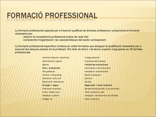 La formació professional capacita per a l'exercici qualificat de diverses professions i proporciona la formació necessària per: -adquirir la competència professional pròpia de cada títol -comprendre l'organització i les característiques del sector corresponent. La formació professional específica s'ordena en cicles formatius que atorguen la qualificació necessària per a executar les tasques pròpies de la professió. Els títols de tècnic i de tècnic superior s’agruparan en 26 famílies professionals    Activitats físiques i esportives Imatge personal   Administració i gestió Indústries alimentàries    Agrària Indústries extractives   Arts i artesanies   Informàtica i comunicacions   Arts gràfiques Instal·lació i manteniment   Comerç i màrqueting Marítim pesquera   Edificació i obra civil Química   Electricitat i electrònica Sanitat   Energia i aigua Seguretat i medi ambient   Fabricació mecànica Serveis socioculturals i a la comunitat   Fusta, moble i suro Tèxtil, confecció i pell   Hoteleria i turisme Transport i manteniment de vehicles   Imatge i so Vidre i ceràmica 