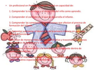 •   Un profesional en Pedagogía Infantil estará en capacidad de:

    1. Comprender la naturaleza y el desarrollo del niño como aprendiz.

    2. Comprender el contexto en el que se desarrolla el infante.

    3. Comprender las conexiones e interacciones que afectan el proceso de
    formación del infante.

    4. Fomentar y propiciar el desarrollo de la primera infancia en cada una
    de sus dimensiones.

    5. Realizar de manera intencionada, significativa y trascendente procesos
    sistemáticos de enseñanza y aprendizaje.

    6. Enriquecer el desempeño y la formación del estudiante dentro de
    espacios educativos.

    7. Configurar espacios de desarrollo y formación infantil en el aula de
    clase o en otros espacios comunitarios.
 