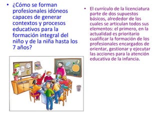 • ¿Cómo se forman
  profesionales idóneos         • El currículo de la licenciatura
                                  parte de dos supuestos
  capaces de generar              básicos, alrededor de los
  contextos y procesos            cuales se articulan todos sus
  educativos para la              elementos: el primero, en la
  formación integral del          actualidad es prioritario
                                  cualificar la formación de los
  niño y de la niña hasta los     profesionales encargados de
  7 años?                         orientar, gestionar y ejecutar
                                  las acciones para la atención
                                  educativa de la infancia.
 