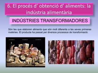 6. El procés d’ obtenció d’ aliments: la
         indústria alimentària
   INDÚSTRIES TRANSFORMADORES
Són les que elaboren aliments que són molt diferents a les seves primeres
matèries. El producte ha passat per diversos processos de transformació.
 