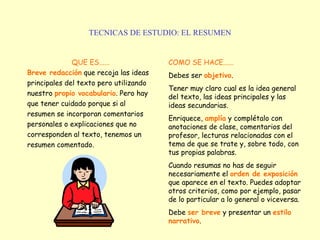 TECNICAS DE ESTUDIO: EL RESUMEN


              QUE ES......              COMO SE HACE......
Breve redacción que recoja las ideas    Debes ser objetivo.
principales del texto pero utilizando
                                        Tener muy claro cual es la idea general
nuestro propio vocabulario. Pero hay    del texto, las ideas principales y las
que tener cuidado porque si al          ideas secundarias.
resumen se incorporan comentarios
                                        Enriquece, amplía y complétalo con
personales o explicaciones que no       anotaciones de clase, comentarios del
corresponden al texto, tenemos un       profesor, lecturas relacionadas con el
resumen comentado.                      tema de que se trate y, sobre todo, con
                                        tus propias palabras.
                                        Cuando resumas no has de seguir
                                        necesariamente el orden de exposición
                                        que aparece en el texto. Puedes adoptar
                                        otros criterios, como por ejemplo, pasar
                                        de lo particular a lo general o viceversa.
                                        Debe ser breve y presentar un estilo
                                        narrativo.
 