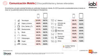 #IABMobile
ELABORADO POR:PATROCINADO POR:
Tecnología 51,5% 29,7%
Viajes y turismo 49,9% 45,3%
Cine, Series y Tv 49,3% 41,0...