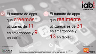 #IABMobile
ELABORADO POR:PATROCINADO POR:
El número de apps
que creemos
utilizar es de 11
en smartphone y 9
en tablet
El n...