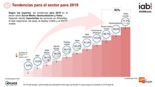 #IABMobile
ELABORADO POR:PATROCINADO POR:
Tendencias para el sector para 2019
Según los expertos, las tendencias para 2019...