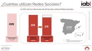 #IABEstudioRRSS
Estudio
Anual
Redes
Sociales
2020
ELABORADO POR:
PATROCINADO POR:
¿Cuántos utilizan Redes Sociales?
(1) IN...