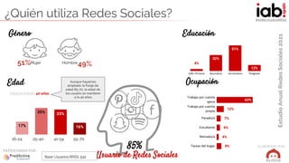 Estudio
Anual
Redes
Sociales
2021
ELABORADOPOR:
PATROCINADO POR:
#IABEstudioRRSS
¿Quién utiliza Redes Sociales?
Usuario de...