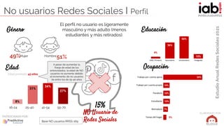 Estudio
Anual
Redes
Sociales
2021
ELABORADOPOR:
PATROCINADO POR:
#IABEstudioRRSS
No usuarios Redes Sociales I Perfil
NO Us...