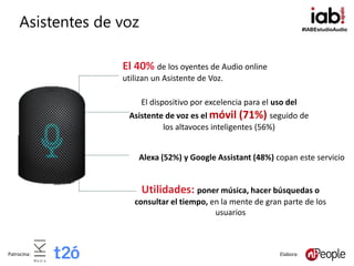 #IABEstudioAudio
Patrocina: Elabora:
Asistentes de voz
Alexa (52%) y Google Assistant (48%) copan este servicio
El 40% de ...