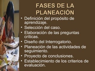FASES DE LA PLANEACIÓN Definición del propósito de aprendizaje. Selección del caso. Elaboración de las preguntas críticas.  Diseño del Interrogatorio. Planeación de las actividades de seguimiento. Proyecto de conclusiones. Establecimiento de los criterios de evaluación. 